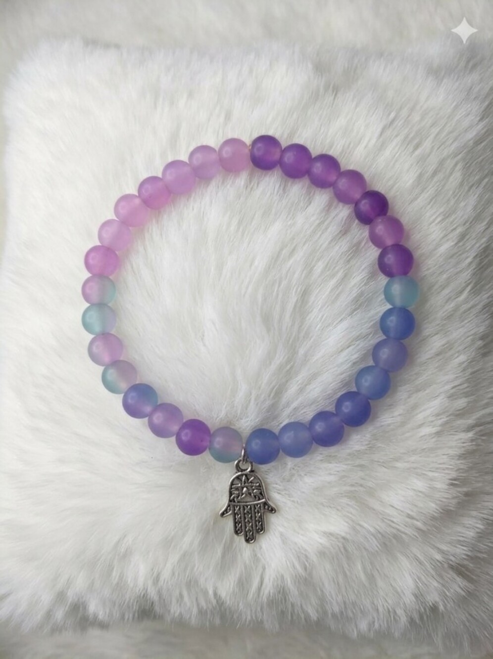 Gradient Pink & Purple Beaded Bracelet with Hamsa Charm